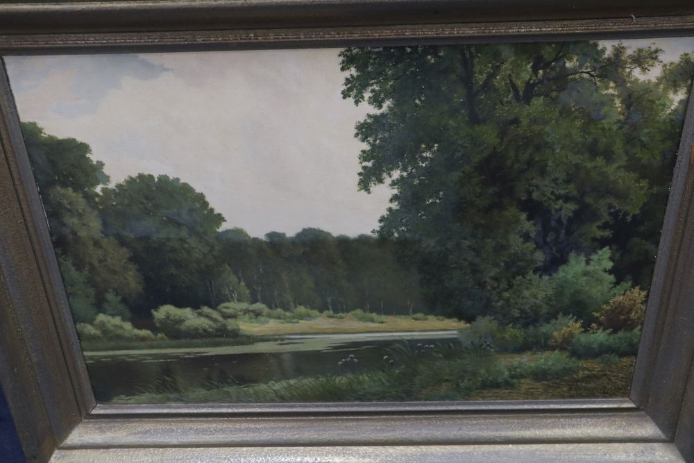 R. Wunderlich, oil on board, Wooded river landscape, signed and dated 1952, 55 x 78cm